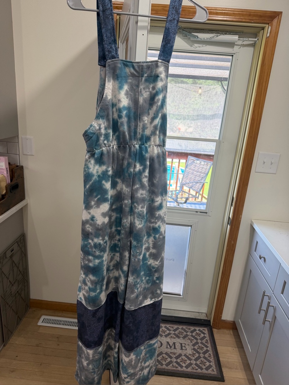 Yak & Yeti tie -Dye Patchwork Maxi Overalls in Teal and Navy - Picture 4 of 5